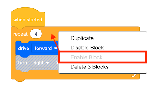 VEXcode EXP Blocks-project met het contextmenu van een containerblok geopend en de optie Blok inschakelen gemarkeerd maar grijs. Één van de geneste blokken is uitgeschakeld, maar de optie Blok inschakelen is niet beschikbaar omdat het containerblok zelf nog steeds is ingeschakeld.