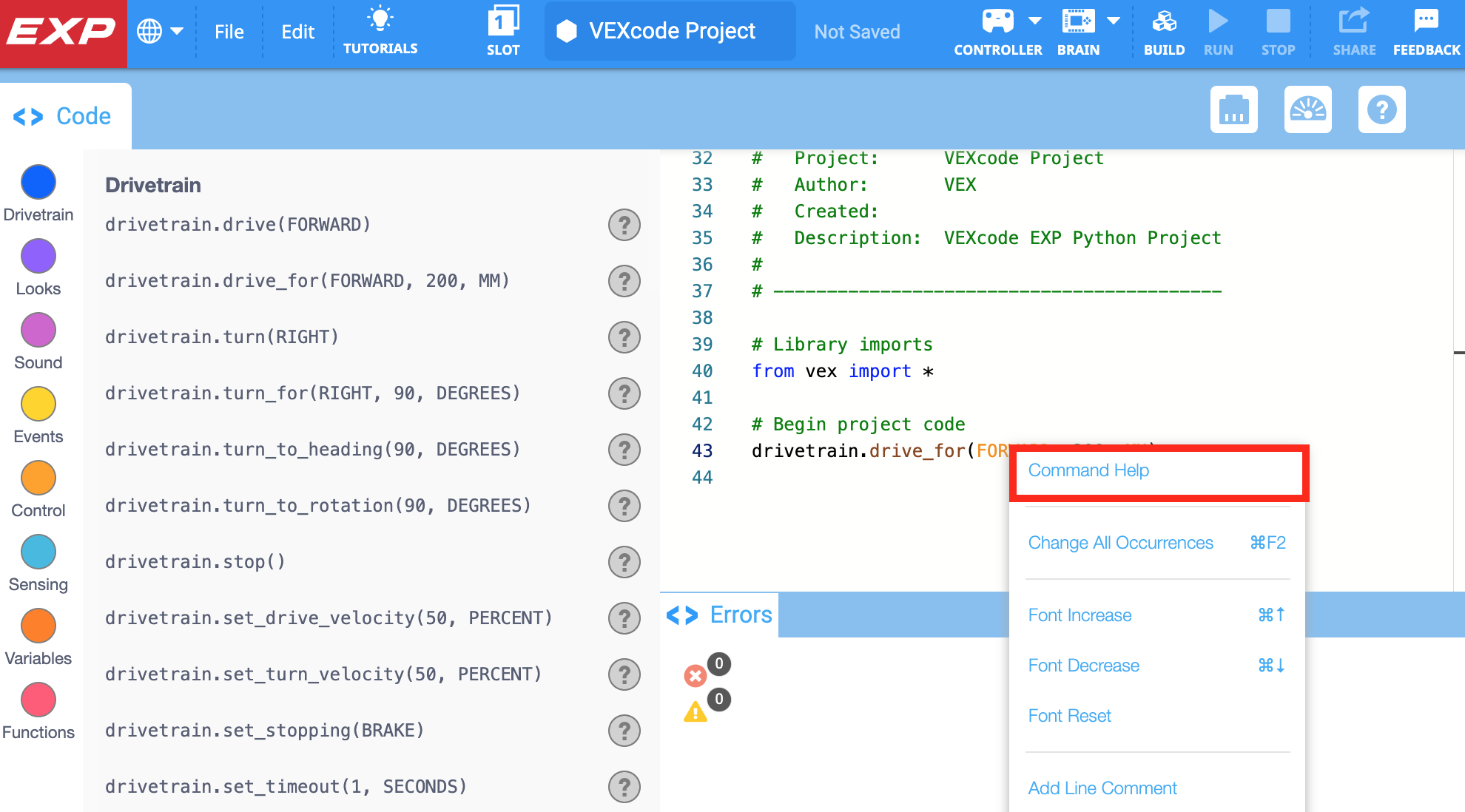 Het contextmenu voor de Python-opdracht is geopend en de optie Opdrachthulp is gemarkeerd. Opdrachthulp is de eerste optie in het contextmenu.