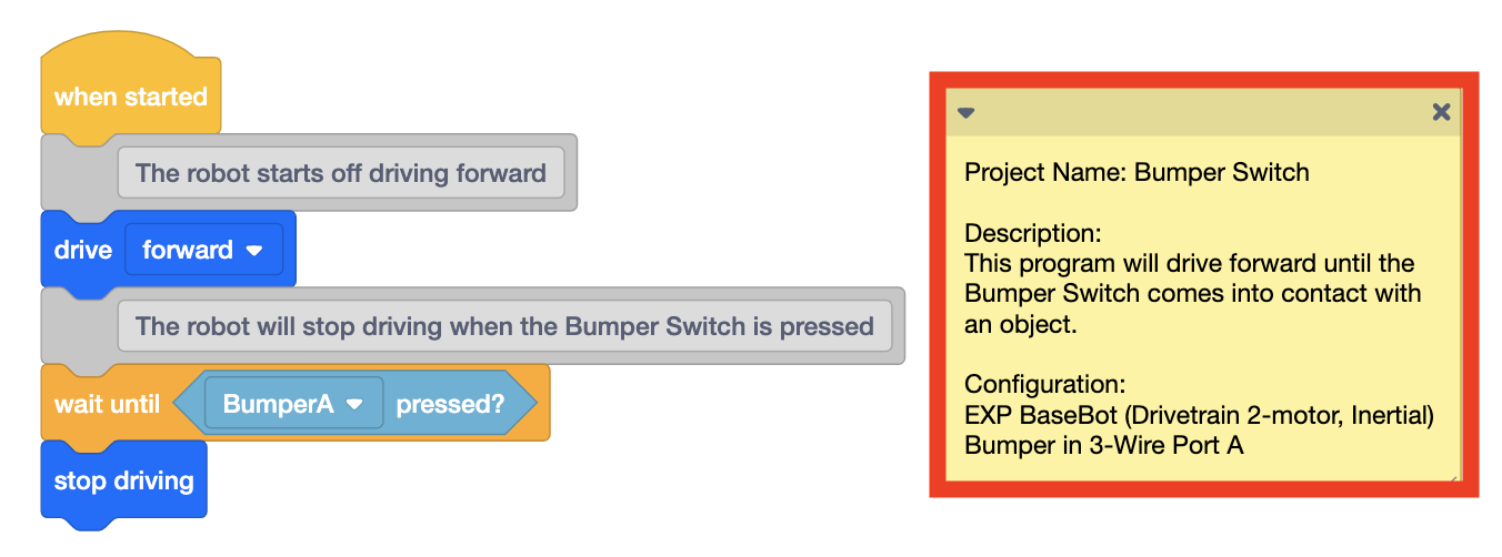 VEXcode EXP met een voorbeeldproject geopend vanuit de categorie Sensing, inclusief een stapel codeblokken en een notitie met een beschrijving van het project. De notitie is gemarkeerd.