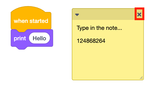 Maak een notitie in de VEXcode EXP-werkruimte met de X-knop in de rechterbovenhoek van de notitie gemarkeerd.