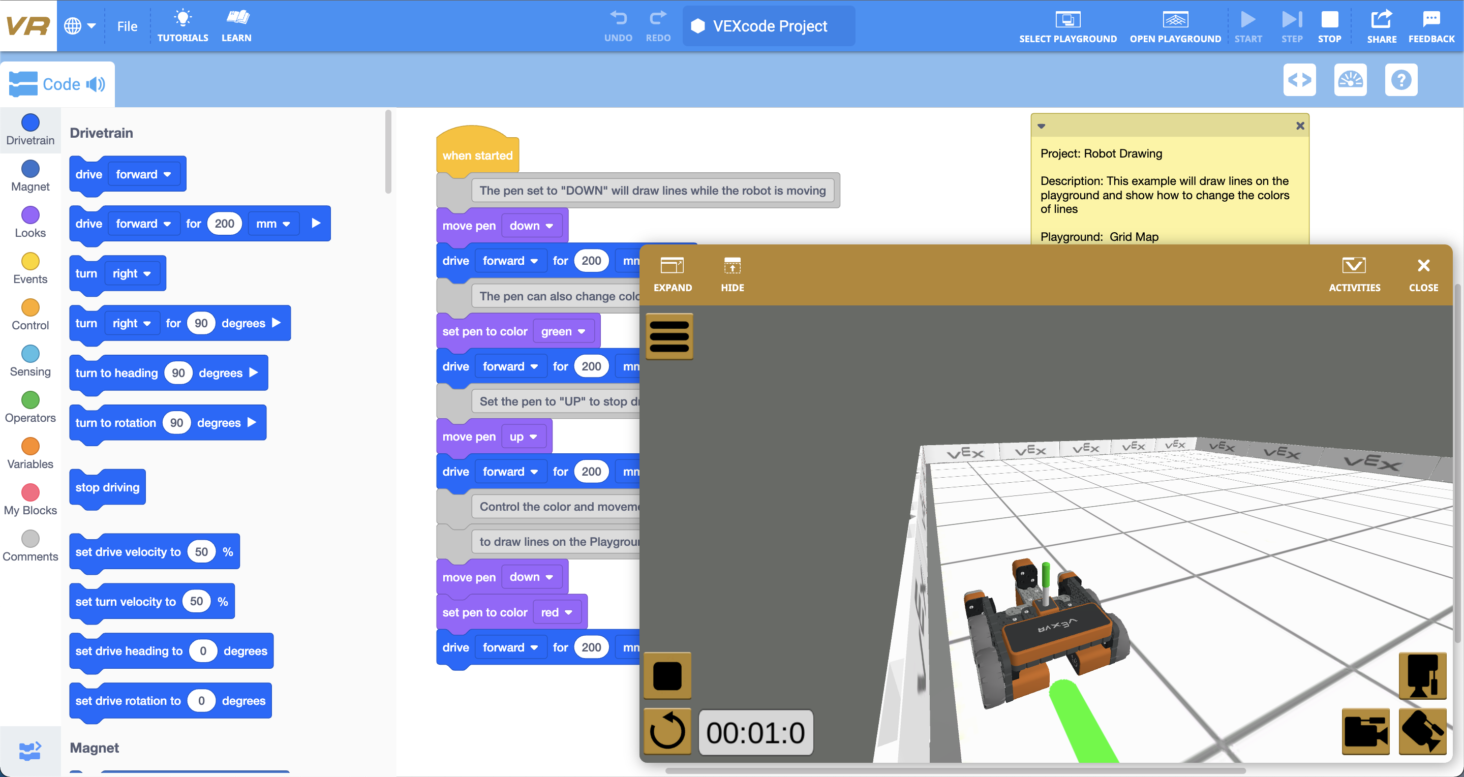 Okno VEXcode VR