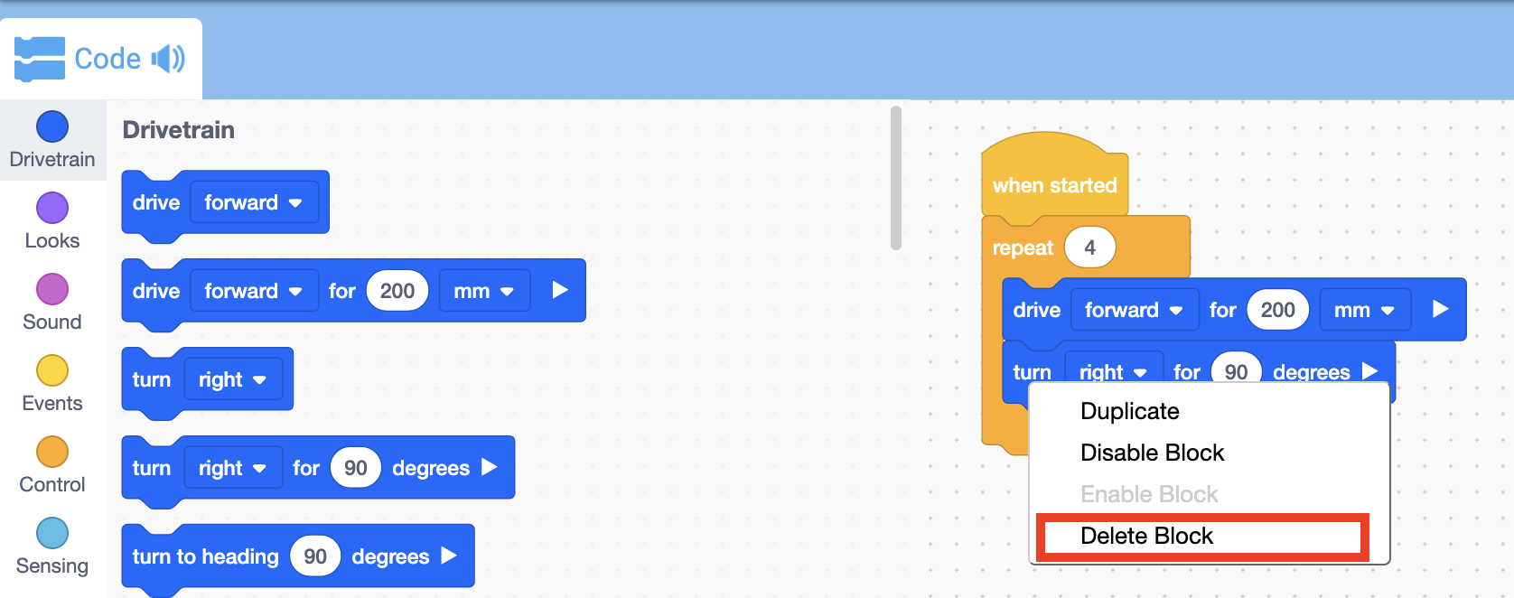 Không gian làm việc VEXcode EXP với menu ngữ cảnh của khối được mở và tùy chọn Xóa khối được tô sáng.