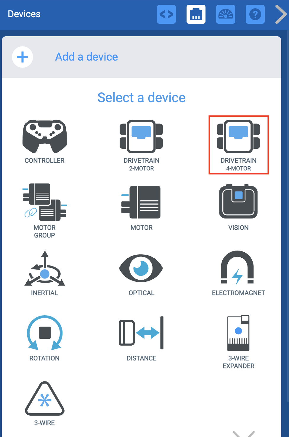 Menu Thiết bị EXP VEXcode sau khi nút Thêm thiết bị được chọn. Tùy chọn Hệ thống truyền động 4 động cơ được đánh dấu nổi bật.