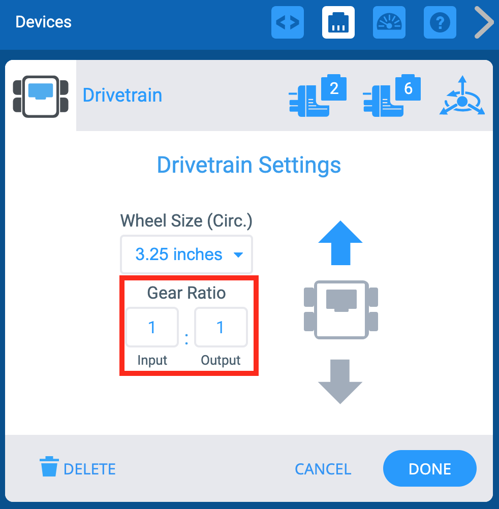 Cửa sổ Thiết bị VEXcode EXP với menu Cài đặt hệ thống truyền động được hiển thị. Các tùy chọn Tỷ số truyền được đánh dấu nổi bật. Có một trường nhập và một trường xuất, và một ký hiệu cho biết các con số biểu thị một tỷ lệ.