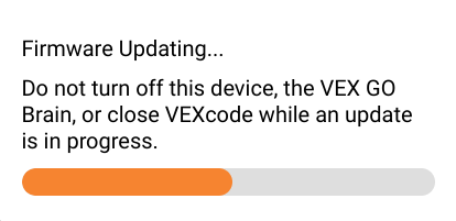 VEXcode GO pop-up window that reads 'Firmware Updating, Do not turn off this device, the VEX GO Brain, or close VEXcode while an update is in progress'.