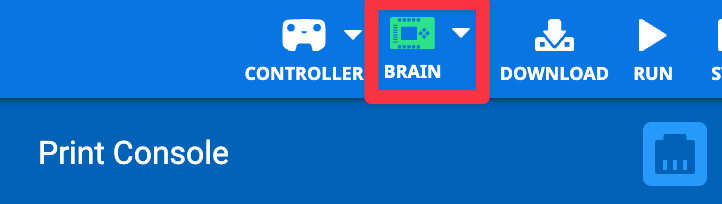 VEXcode EXP Toolbar with the green Brain icon highlighted, indicating that the Brain is connected.