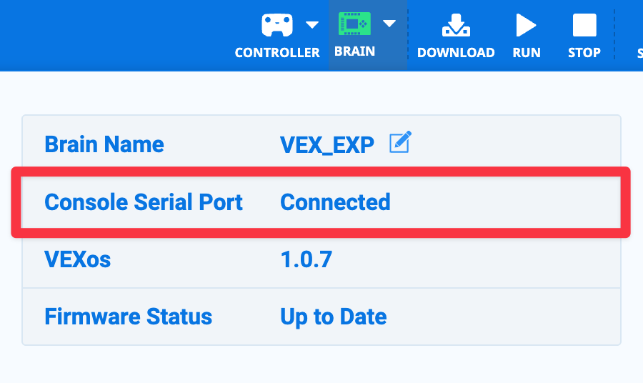 تم فتح VEXcode EXP مع القائمة المنسدلة Brain وتوصيل Brain. تظهر حالة المنفذ التسلسلي لوحدة التحكم على أنها متصلة ويتم تمييزها.