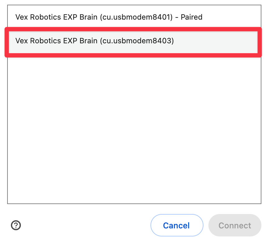 macOS:n tai Chromebookin selainyhteysikkuna, jossa on kaksi VEX Robotics EXP Brain -nimistä kohdetta. Toinen laite on jo paritettu ja sen tunnusnumero on 8401, ja toisen tunnusnumero on 8403. Kohde, jonka tunnus on 8403, on korostettu.