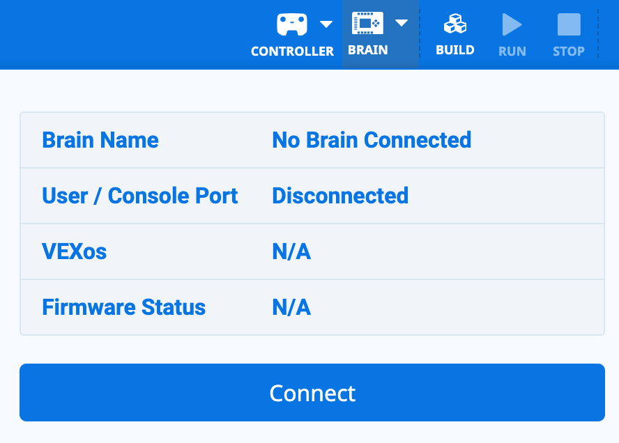 VEXcode EXP avec le menu déroulant Brain ouvert et aucun Brain connecté.