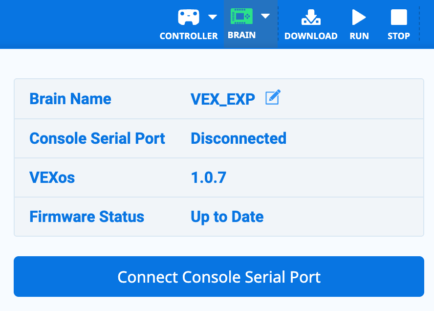 VEXcode EXP с открытым раскрывающимся меню «Мозг» и уже подключенным Мозгом. Состояние последовательного порта консоли — «Отключено», а кнопка ниже гласит «Подключить последовательный порт консоли».