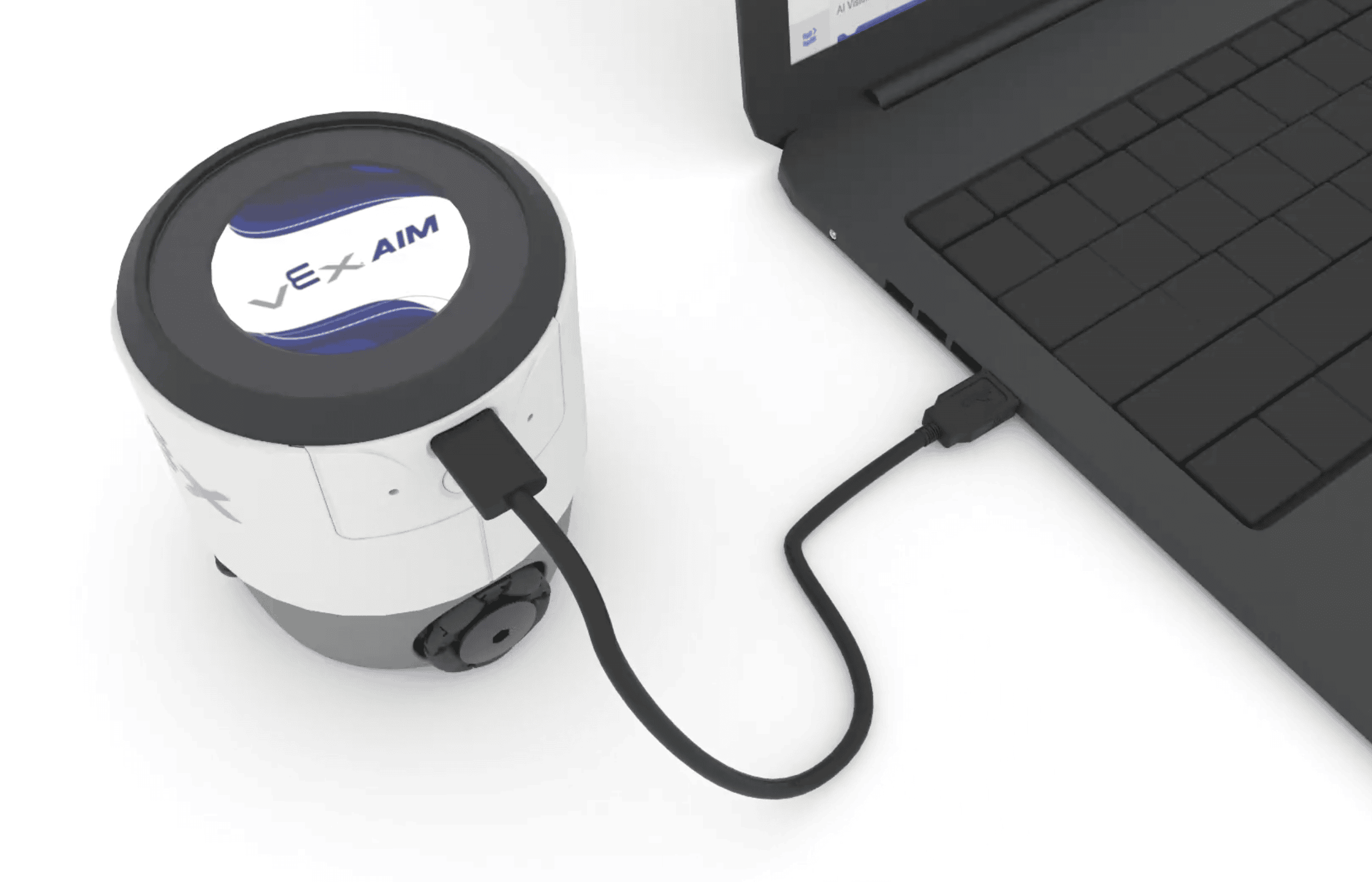 robot to the left of a laptop with a cable connecting the two electronics.
