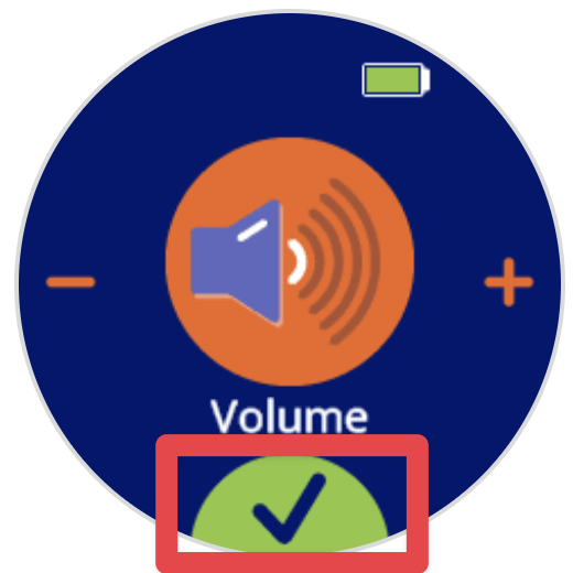Same volume icon with one line white and four grey. A callout is on the green check at the bottom of the screen.