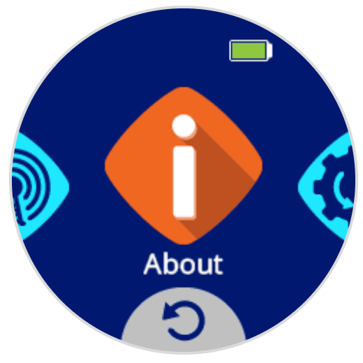 AIM screen showing an icon with the lowercase letter i. The label About is beneath the icon.