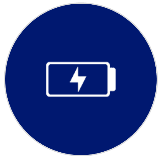 Blue robot screen with a white battery charging icon shown.