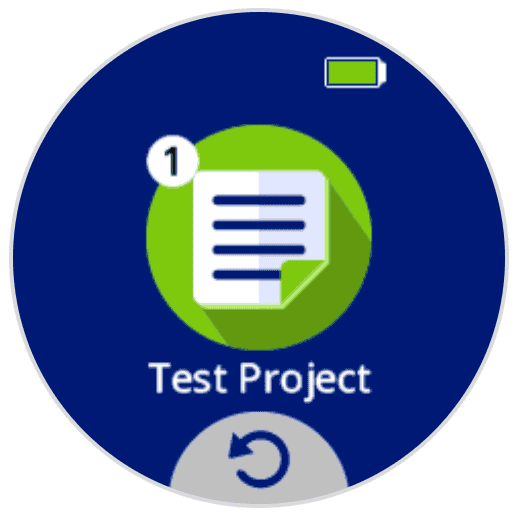 AIM Screen with a notepage icon in the center that reads Test Project underneath. The icon has a number 1 in the top left corner indicating the project is saved in the first slot.