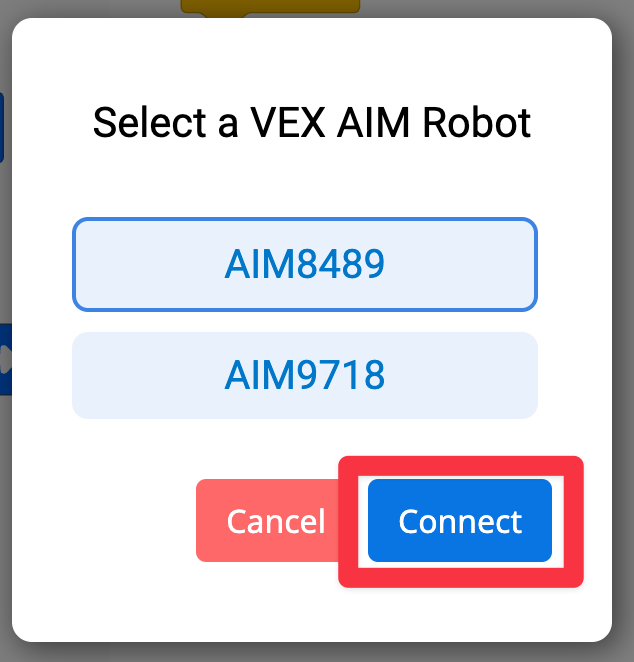 The same prompt as previous, with AIM8489 selected and the Connect button highlighted, indicating what to press to connect to that robot.