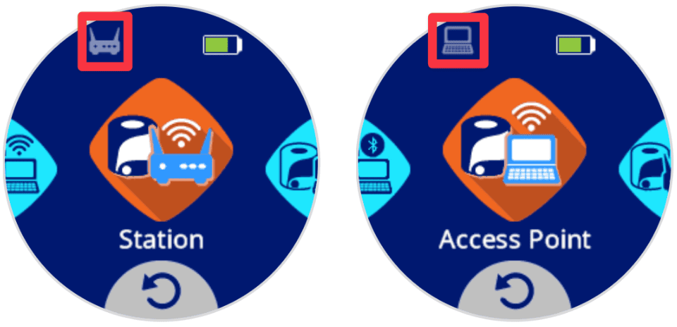 Two images of the AIM Robot's screen show different radio option connection icons in the upper left corner. On the left, a gray Station status icon is show, and on the right a gray Access Point icon is shown.
