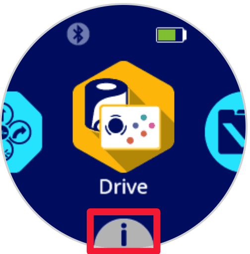 The AIM Robot's screen with the gray i icon button on the bottom of the center of the screen highlighted.