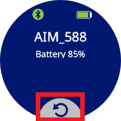 The Info for the AIM Robot is shown on the screen, and highlighted on the center bottom is an arrow curving backwards in a gray button, indicating what to select to back out of this screen.