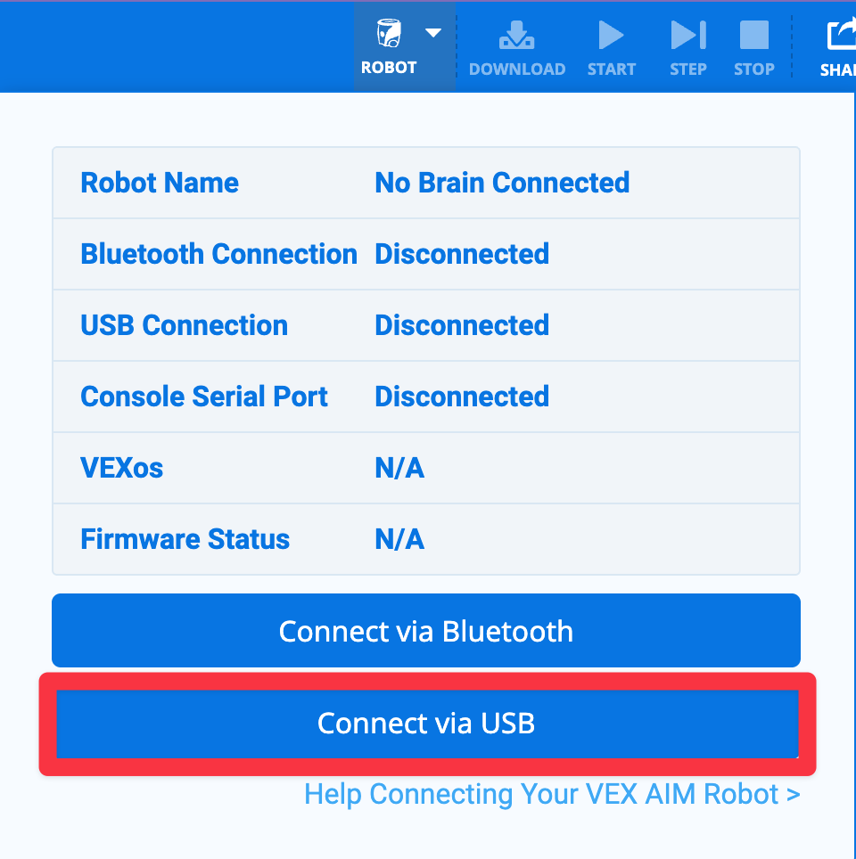 In the dropdown menu of VEXcode's robot, a red box is highlighted for Connect via usb.