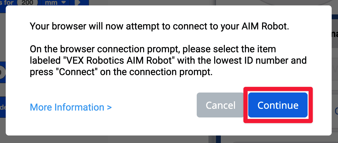Prompt for connecting the lowest number. A red box is highlighted for the Continue button.
