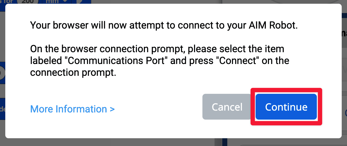 Prompt for connecting the communication port. A red box is highlighted for the Continue button.
