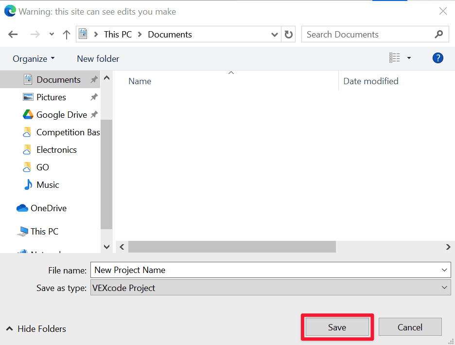 The same Windows file saving dialog window, this time with the Save button in the lower right hand corner highlighted indicating what to select to save the project to the device.