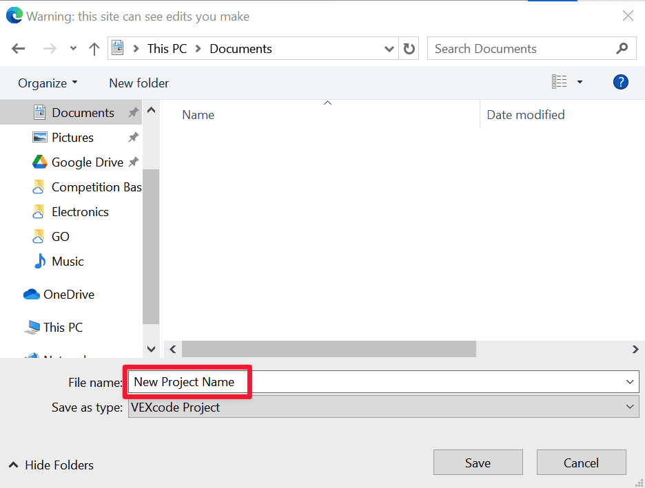 A Windows file saving dialog window, with the File Name reading New Project Name.