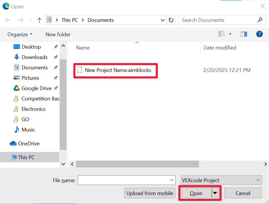 A Windows file navigation screen is shown with a VEXcode AIM project selected, and the Open button in the lower right hand corner highlighted, indicating what to select to open a project.