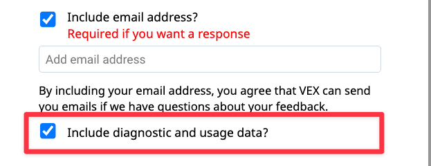 The lower half of the feedback form, this time with the option for Include diagnostic and usage data checked.