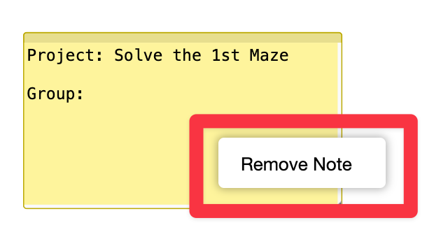Note in the VEXcode workspace with its Context menu open and the Remove note option highlighted. This is the only option in the menu.