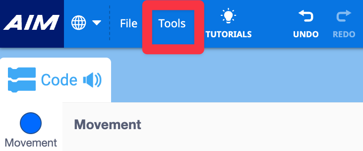 VEXcode workspace focused on the upper left side of the window. The option Tools is highlighted. This is the third in the list from the left after the globe and file, and before the Tutorials option.