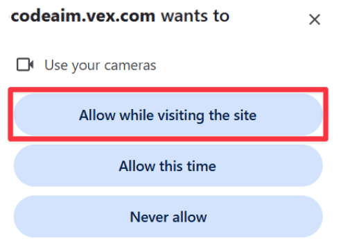 The Windows permission dialog in the AI Vision Utility in VEXcode AIM. The button reading Allow while visiting the site is highlighted.