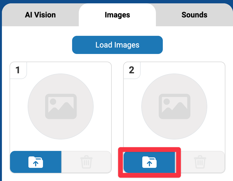 Control Panel in VEXcode AIM open with a highlight on the upload icon. This icon is represented by a file folder.