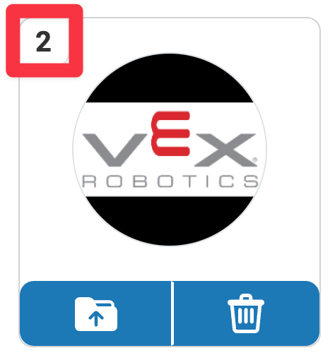 VEXcode Control Panel with an image uploaded and visible. A highlight is shown on the upper left corner around the number 2 indicating the image is saved in slot 2.