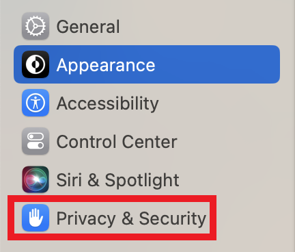 Systems settings options are shown, with the Privacy and Security option highlighted.
