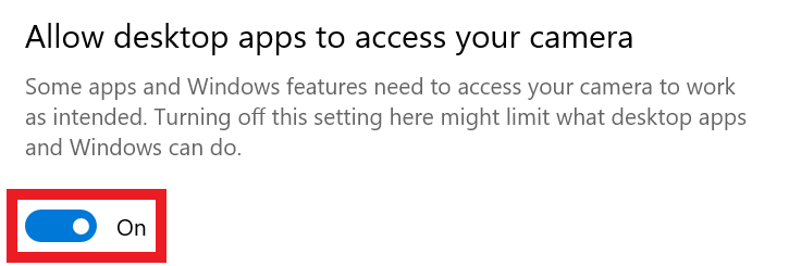 A prompt reads All desktop apps to access your camera. Some apps and Windows features need to access your camera to work as intended. Turning off this setting here might limit what desktop apps and Windows can do. The toggle switch below is toggled to on.