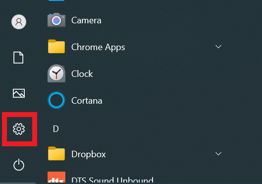 The start menu on a Windows desktop, with the gear shaped Settings icon highlighted on the lefthand side.