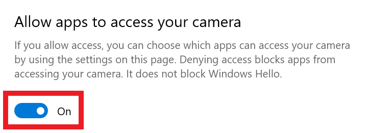 A prompt reads Allow apps to access your camera. If you allow access, you can choose which apps can access your camera by using the settings on this page. Denying access blocks apps from accessing your camera. The toggle switch below is toggled to on.