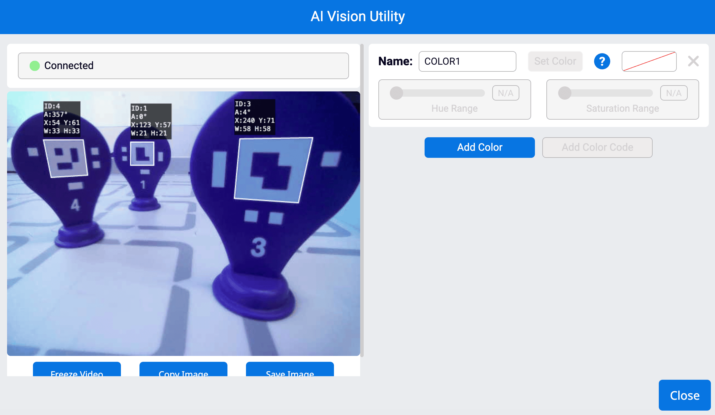 The AI Vision Utility window in VEXcode AIM, showing the live camera view in the window to the left, featuring three April Tags.