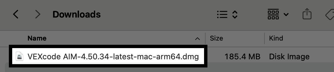 Screenshot of the Downloads folder showing the VEXcode AIM installation file named 'VEXcode AIM-4.50.12-latest-mac-arm64.dmg' with a size of 186.4 MB.
