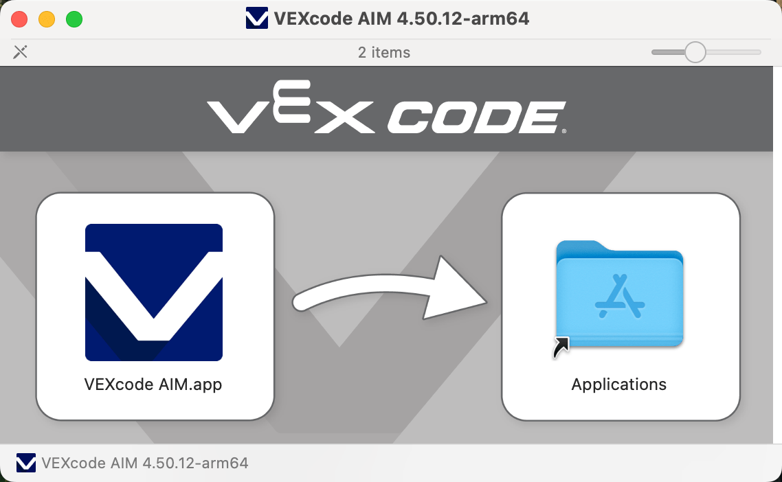 Screenshot of the VEXcode AIM installation window on a Mac, showing the VEXcode AIM icon on the left and an arrow pointing towards the Applications folder icon on the right, indicating the user should drag the VEXcode AIM icon into the Applications folder to install the software.