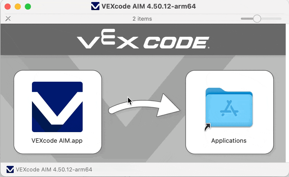 Animated GIF showing the process of dragging the VEXcode AIM application icon into the Applications folder during installation on a Mac. The cursor clicks on the VEXcode AIM icon and moves it to the Applications folder.
