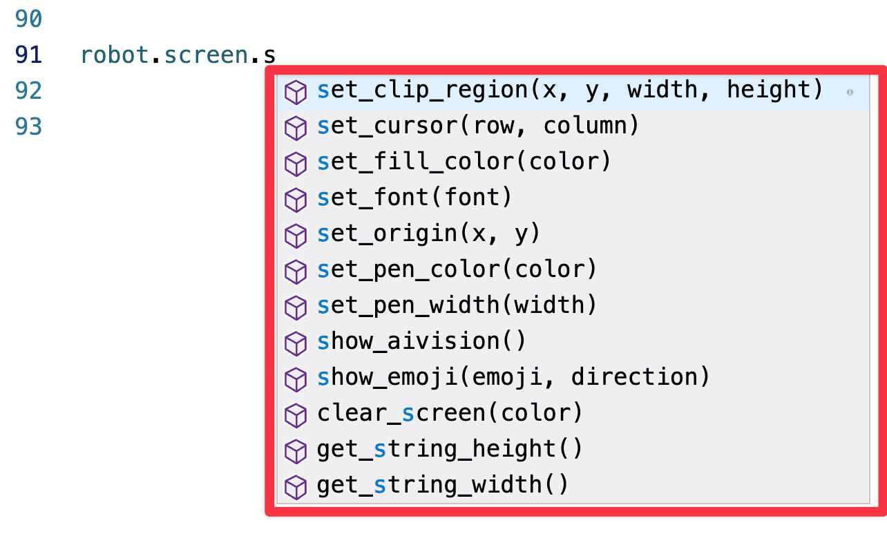 A screenshot of the dot operator selection to add the next part of a command that begins robot dot screen dot s. The whole list of available commands that begin with s is highlighted.
