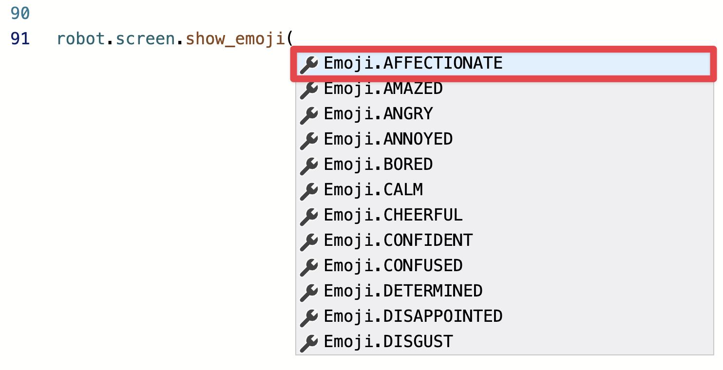A screenshot of the parameter options to complete the robot dot screen dot show emoji method. The first parameter listed is highlighted, showing that emoji dot affectionate is selected.
