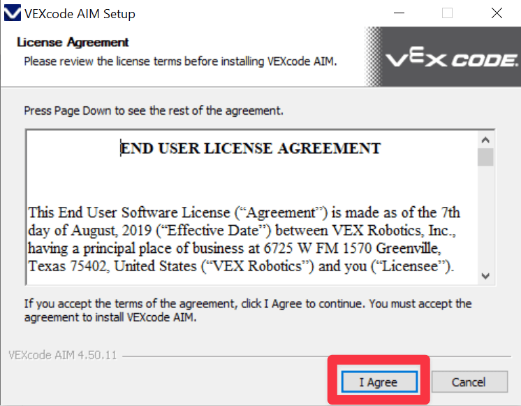 VEXcode AIM Setup window displaying the End User License Agreement (EULA) with a highlighted 'I Agree' button selected.