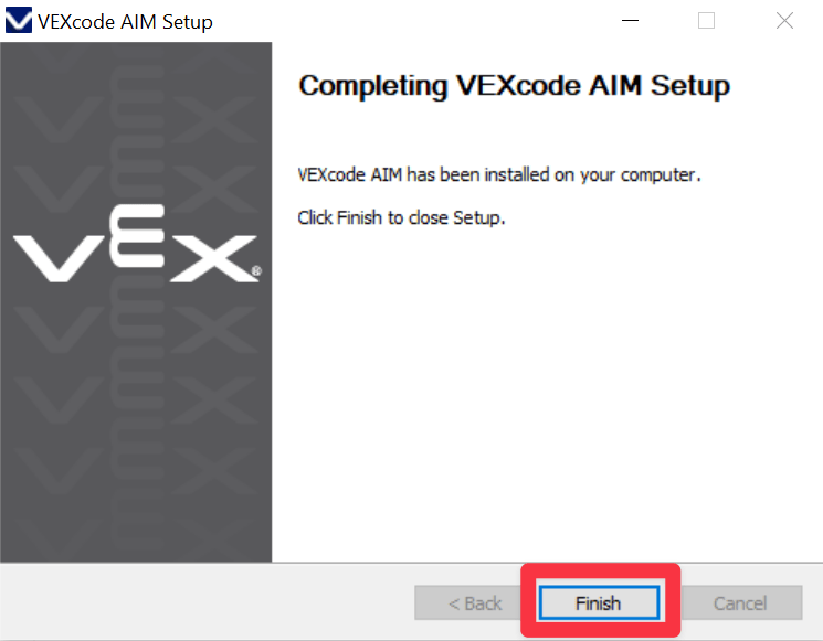 VEXcode AIM Setup window showing the 'Completing VEXcode AIM Setup' message with the 'Finish' button highlighted.