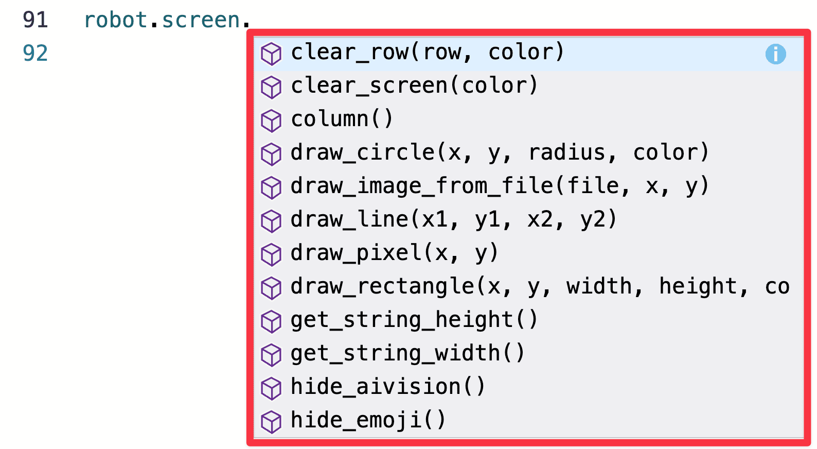 A screenshot of the dot operator selection to add the next part of a command that begins robot dot screen. The whole list of available commands is highlighted.