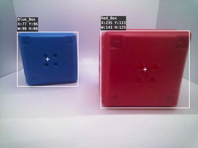 View of the video feed from the robot with the red and blue box further apart and boxes around the individually to show color signatures are identified.