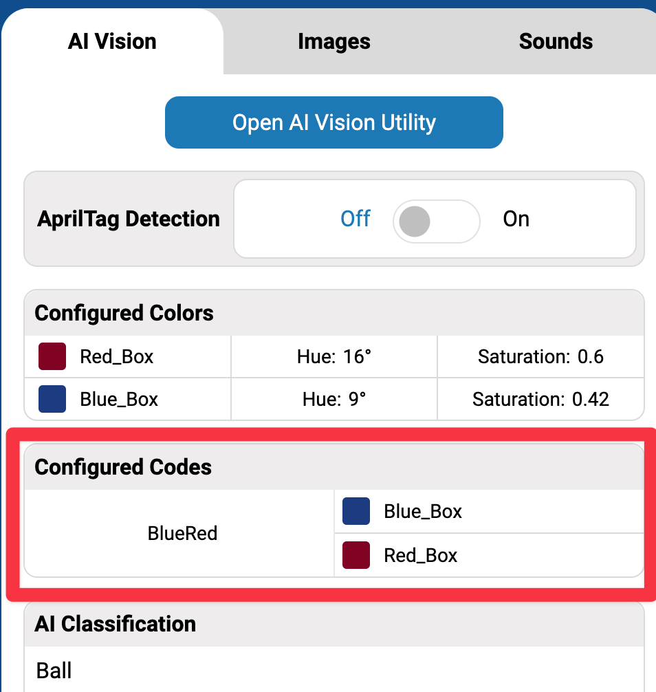 Zoomed in view of the Control Panel in VEXcode AIM with a highlight around the Color Codes section. Within is a row that matches the color code configured.